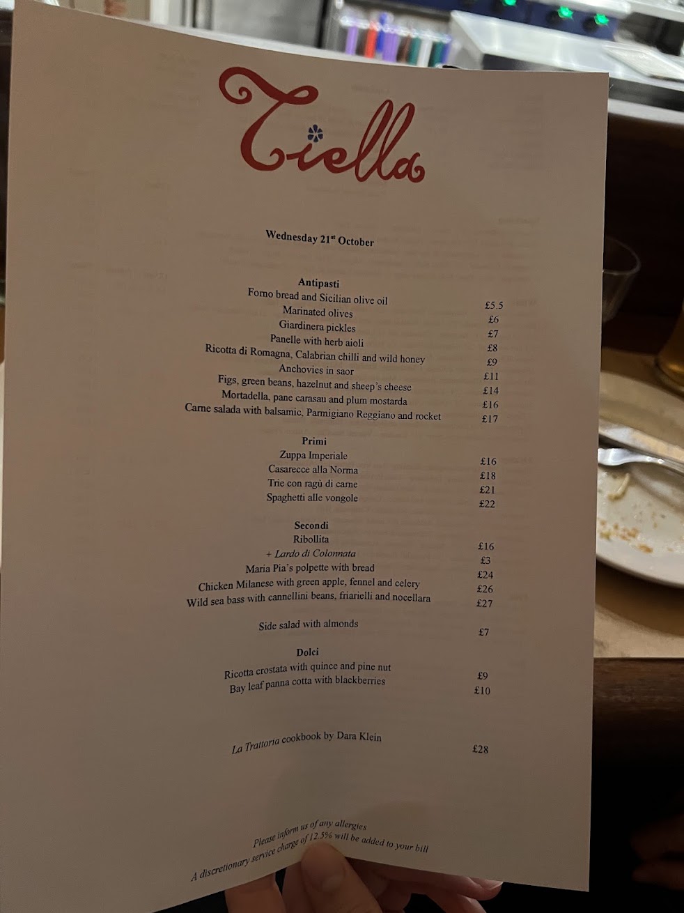 Tiella's menu on Wednesday 21 October 2026